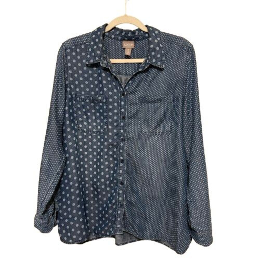 Chico's Chambray Button Up Shirt Mixed Polka Dot Long Sleeve Size 2 Large Blue